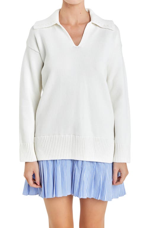 Shop English Factory Mixed Media Long Sleeve Minidress In White/blue
