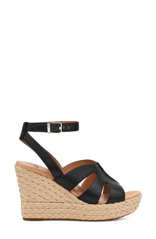 Ugg Careena Raffia Platform Wedge Sandal In Black Leather | ModeSens