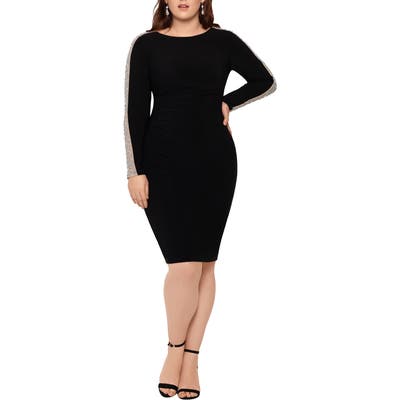 Plus Size Xscape Caviar Bead Long Sleeve Body-Con Dress, Black