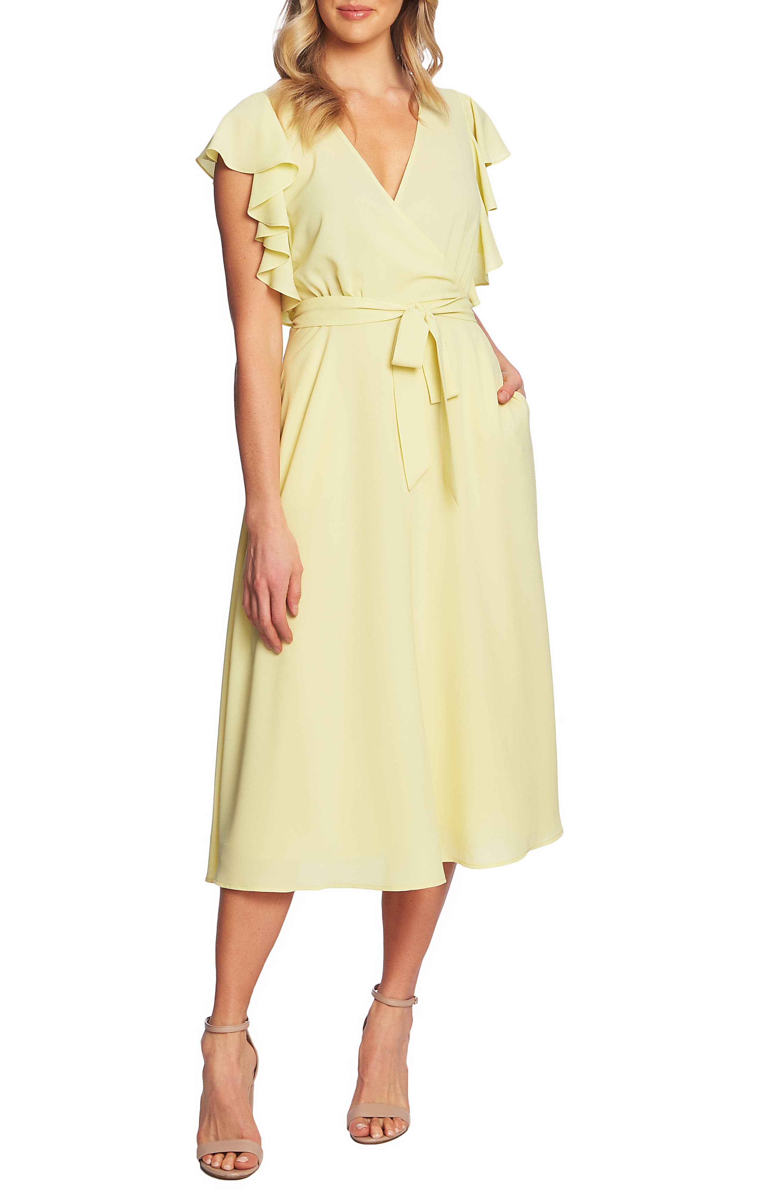1.state Ruffle Detail Wrap Midi Dress, Yellow