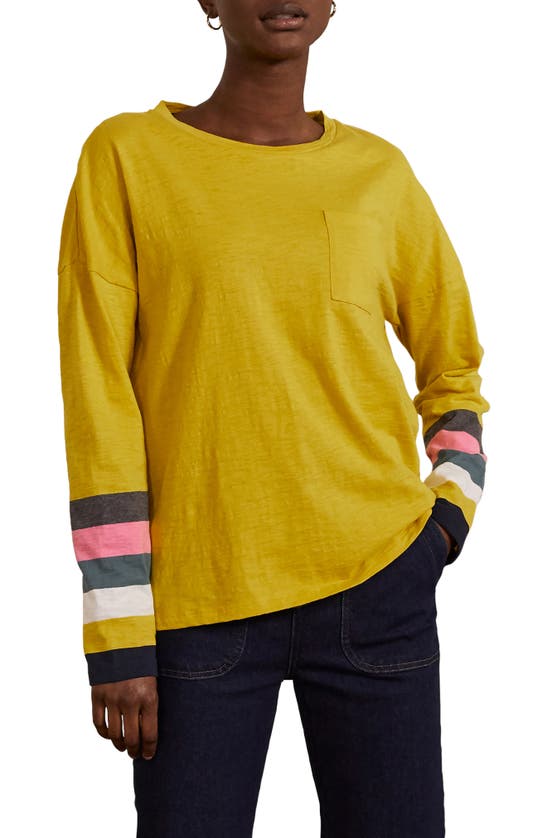 Boden Stripe Sleeve Cotton Tee In Yellow Charcoal Cuff