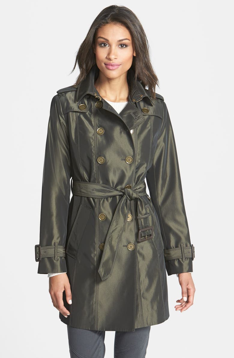 LONDON FOG Iridescent Double Breasted Trench Coat, Main, color, DARK BRONZE
