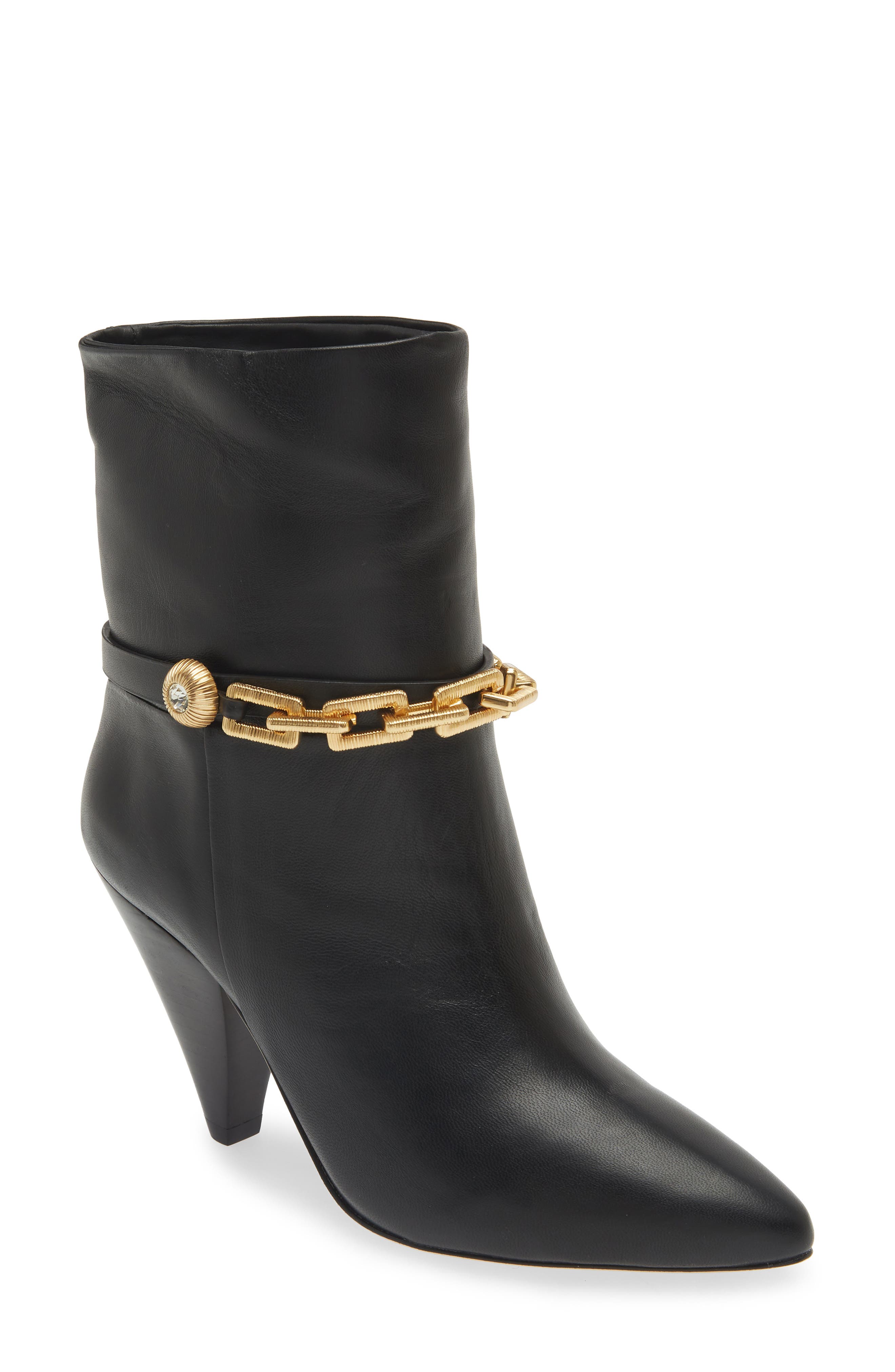 Avec Les Filles Spencer Golden Chain Pointed Toe Leather Bootie in Black 
