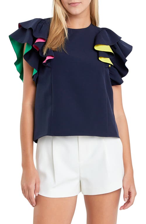 English Factory Multicolor Lined Ruffle Sleeve Top in Navy Multi at Nordstrom, Size X-Small