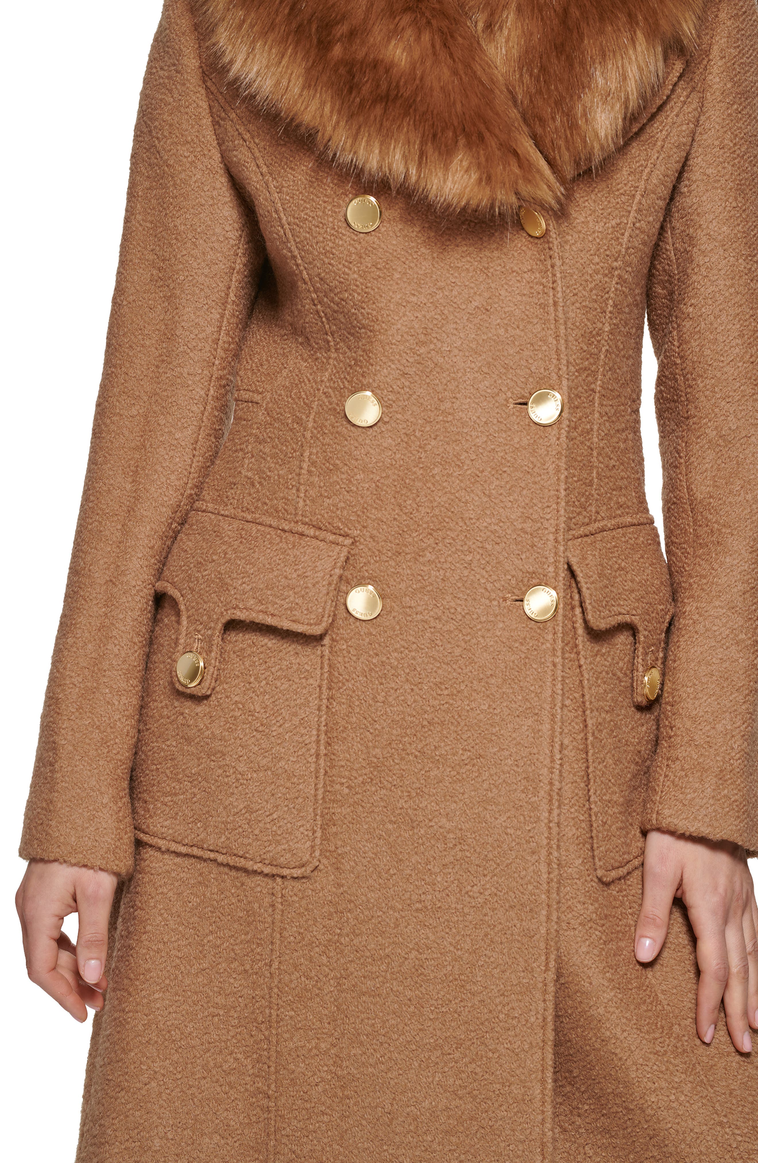 GUESS Women's Maria Faux Fur Collar Walker Coat Black Size M