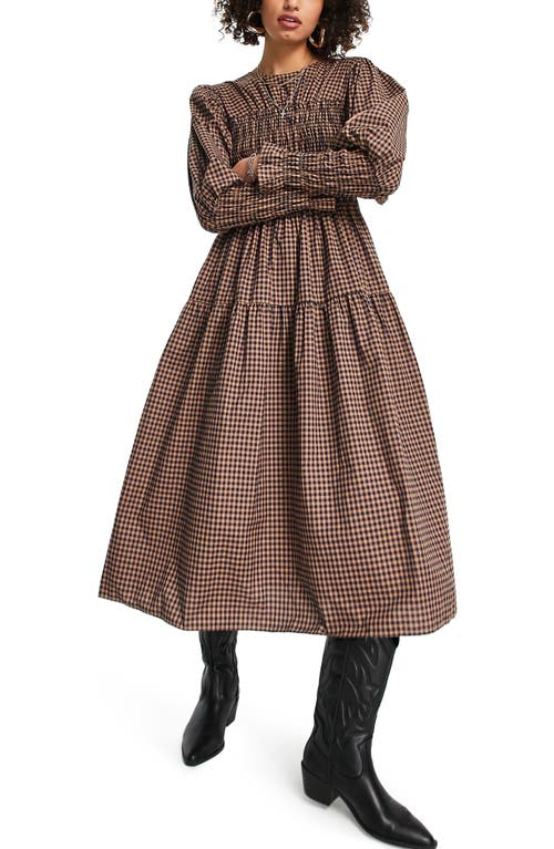 Topshop Women's Check Tiered Long Sleeve Midi Dress in Brown Multi