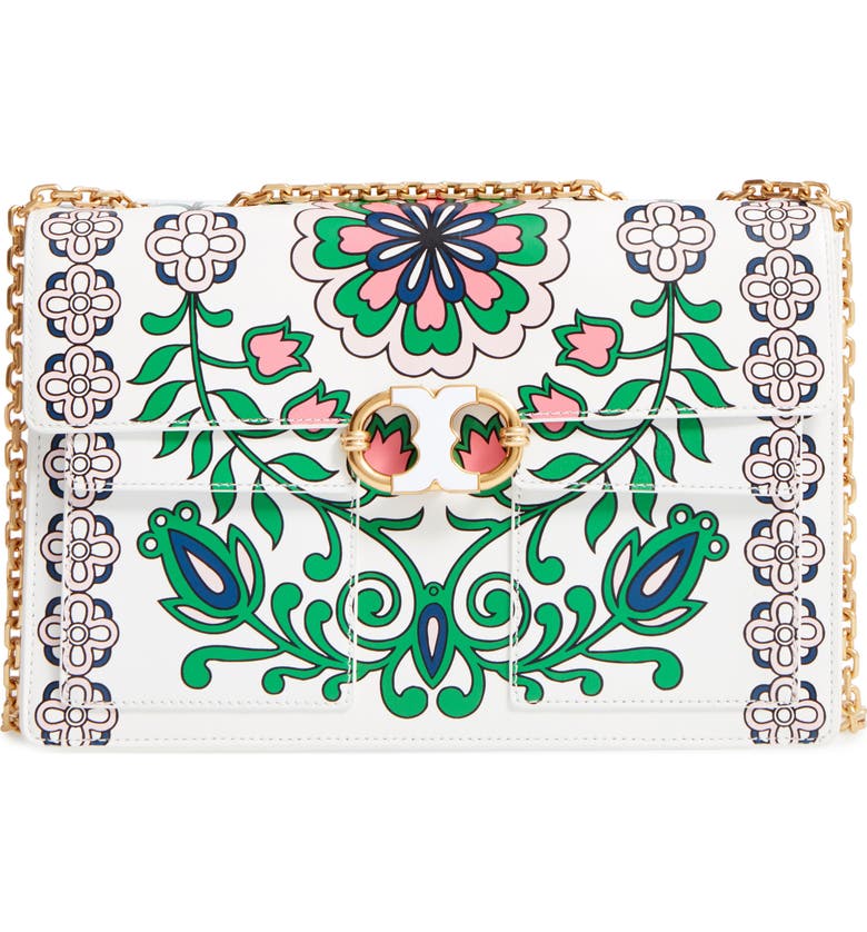 TORY BURCH Gemini Link Large Leather Shoulder Bag, Main, color, GARDEN PARTY