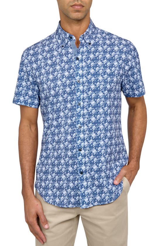 Construct Slim Fit Floral Four-way Stretch Performance Short Sleeve Button-down Shirt In Blue