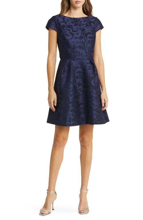 Eliza J Metallic Floral Jacquard Fit & Flare Dress Navy at Nordstrom,