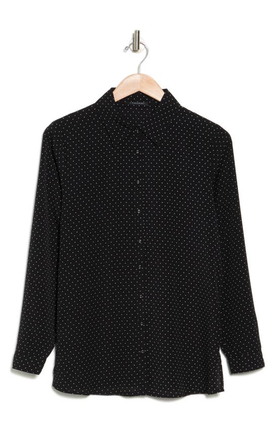 T Tahari Long Sleeve Button Front Shirt In Blk/ White Pink Dot