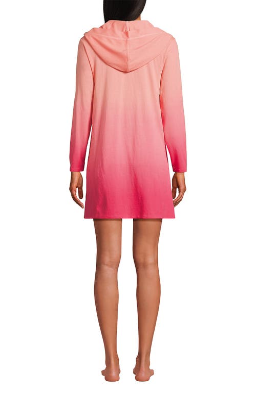 Shop Lands' End Cotton Jersey Long Sleeve Hooded Swim Cover-up Dress In Coral Rose Ombre