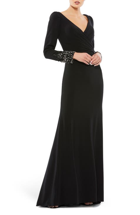 Beaded Cuff Long Sleeve Wrap Front Gown