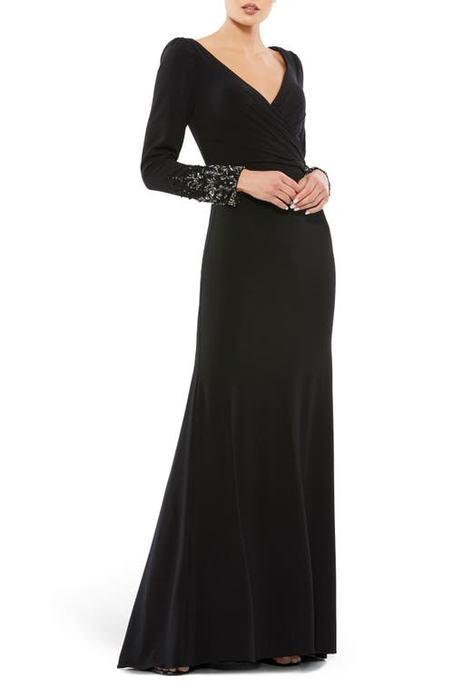 Mac Duggal Beaded Cuff Long Sleeve Wrap Front Gown Black at Nordstrom,