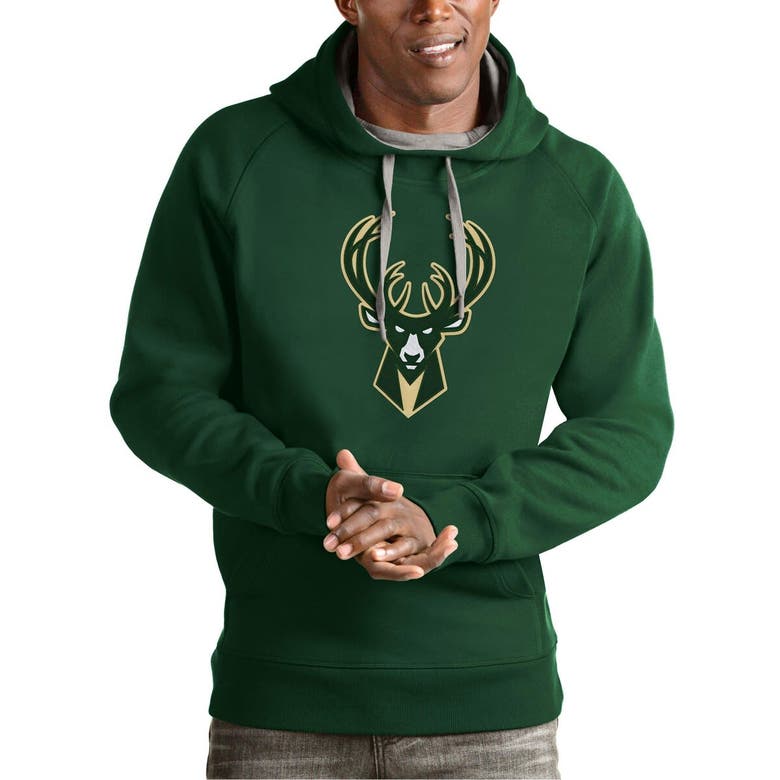 Shop Antigua Green Milwaukee Bucks Team Logo Victory Pullover Hoodie