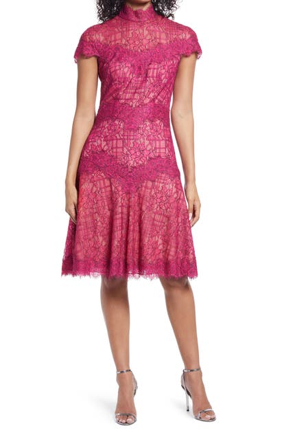 Click to view more detailed imagery on our partner's website Tadashi Shoji Lace Mock Neck A-line Cocktail Dress In Fuchsia/ Nude
