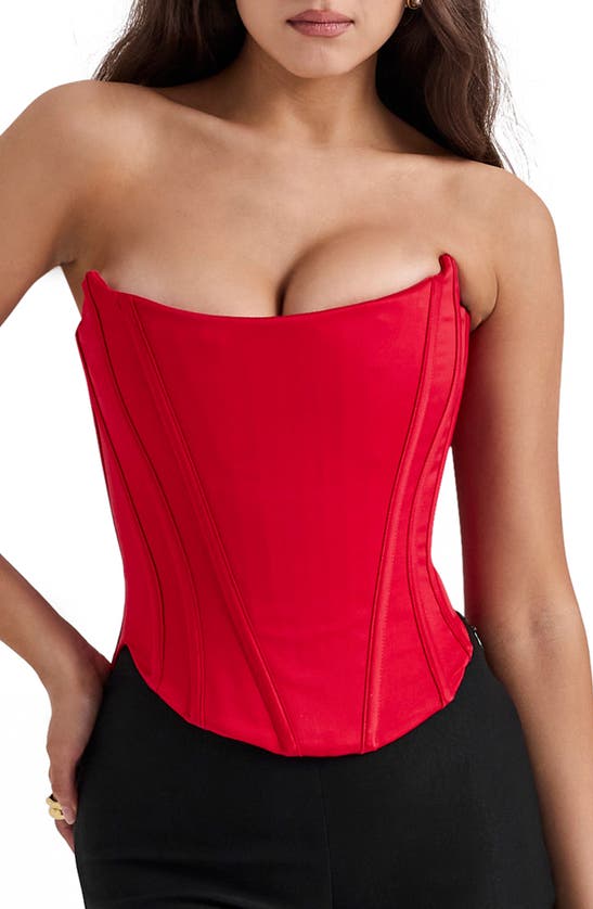 Shop House Of Cb Genevieve Strapless Satin Corset Top In Salsa