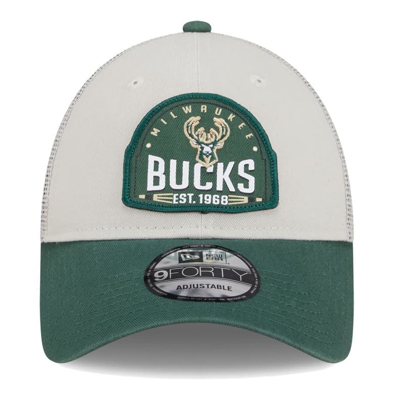 Shop New Era Khaki/hunter Green Milwaukee Bucks Throwback Patch Trucker 9forty Adjustable Hat