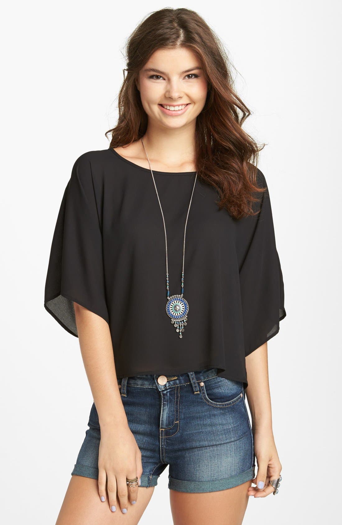 Soprano Elbow Sleeve Chiffon Top (Juniors) Nordstrom
