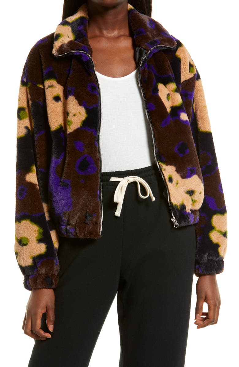 BP. Crop Faux Fur Jacket, Main, color, BLACK- BROWN PRESSED FLORAL
