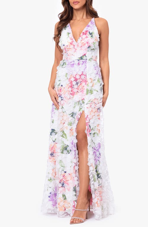 Xscape Evenings Floral Appliqué Sleeveless Gown In White/ Pink/ Green
