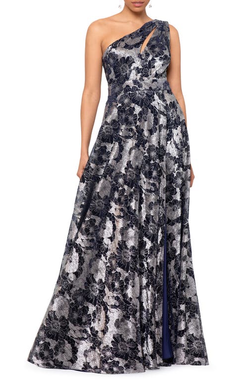 Betsy & Adam Metallic Floral One-shoulder Gown In Navy/gunmetal