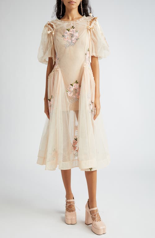 Puff Sleeve Ruched Bite Embroidered Tulle Midi Dress in Beige