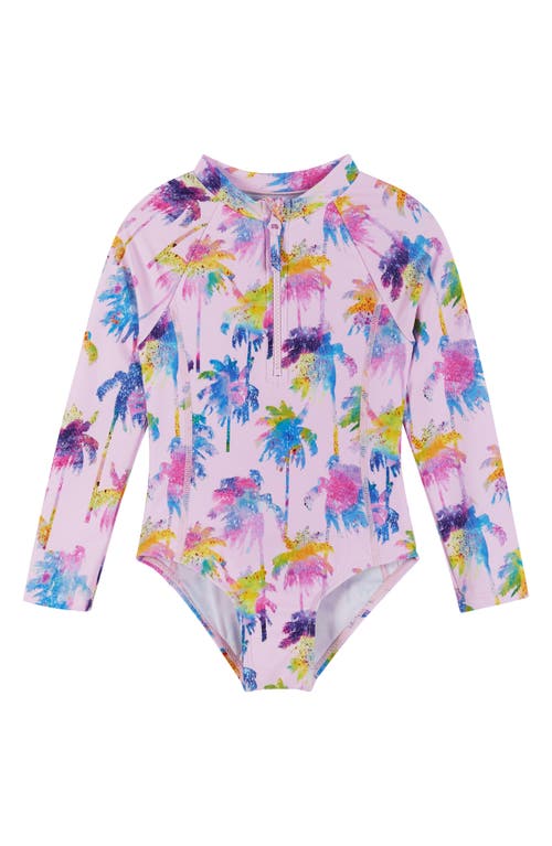 Andy & Evan Kids' Palm Tree Long Sleeve One-Piece Rashguard Swimsuit Scrunchie Set Pink Palms at Nordstrom,