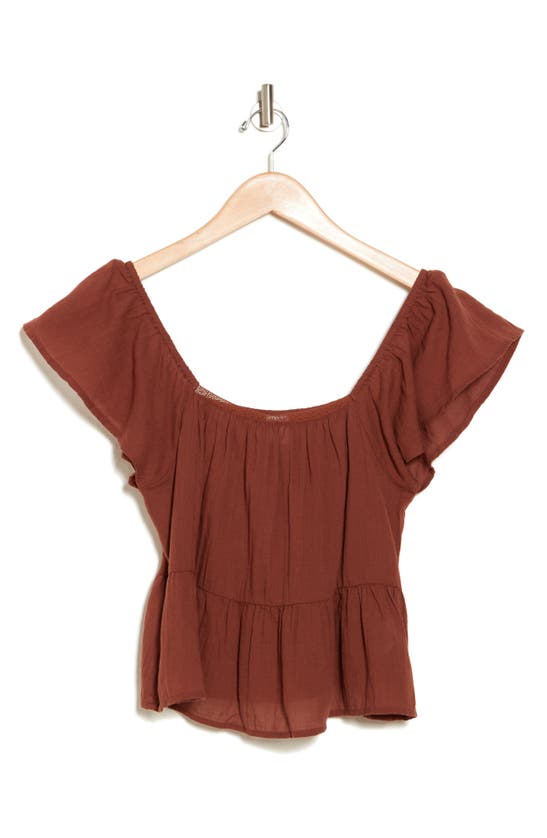 Melrose And Market Square Neck Flutter Sleeve Top In Brown Chino