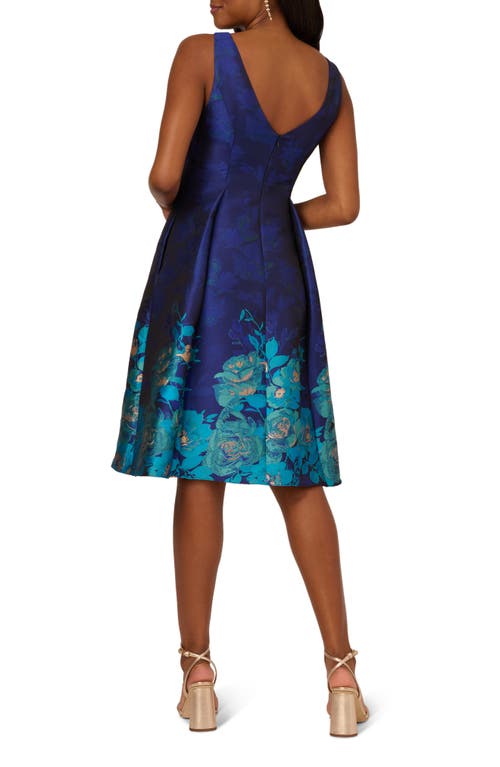 Shop Adrianna Papell Border Jacquard Pleated Sleeveless Fit & Flare Dress In Blue Teal Multi