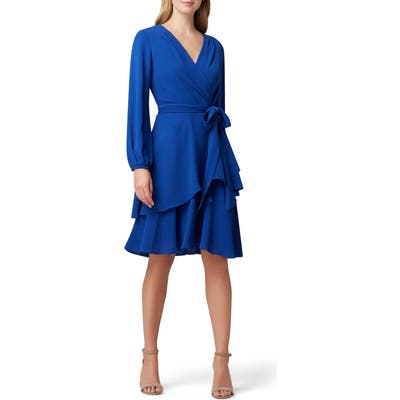 Tahari Long Sleeve Faux Wrap Dress, Blue