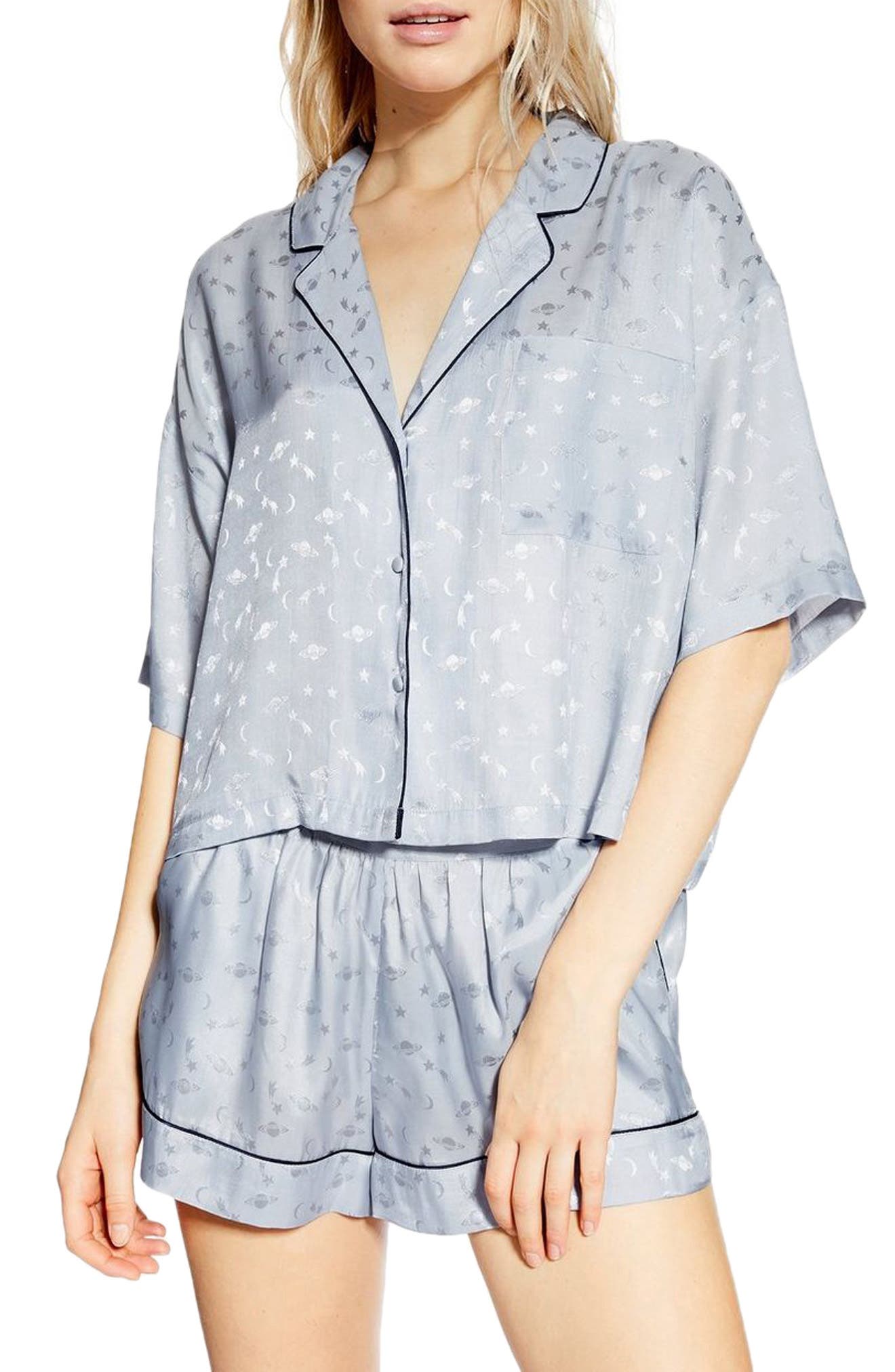 Topshop Space Jacquard Pajama Shirt, Blue