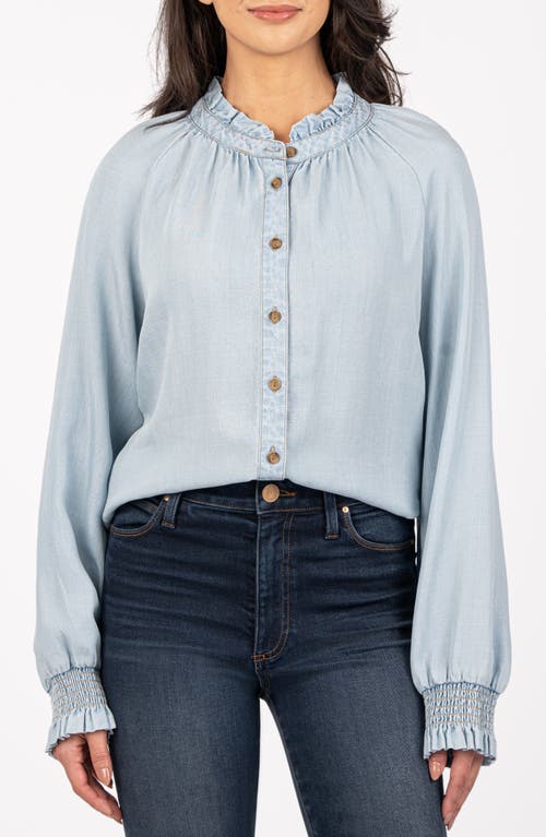 KUT from the Kloth Novah Ruffle Chambray Button-Up Top in Light Wash 