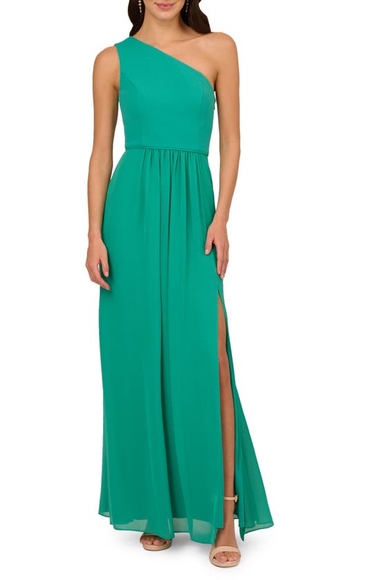 Adrianna Papell One-shoulder Crepe Chiffon Gown In Botanic Green