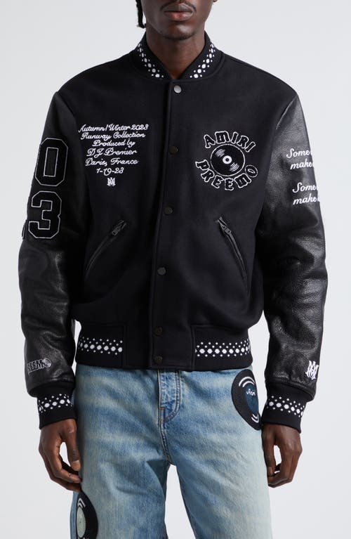 AMIRI x Premier Records Patch Leather Sleeve Wool Blend Varsity Jacket Black at Nordstrom, Us