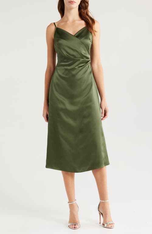 Lulus Pleated Satin A-Line Midi Cocktail Dress in Dark Olive Green 