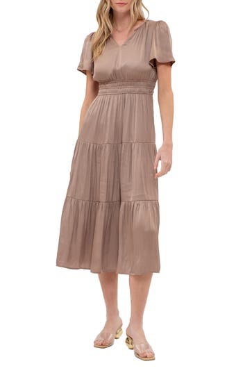 August Sky Short Sleeve Empire Waist Midi Dress In Mocha
