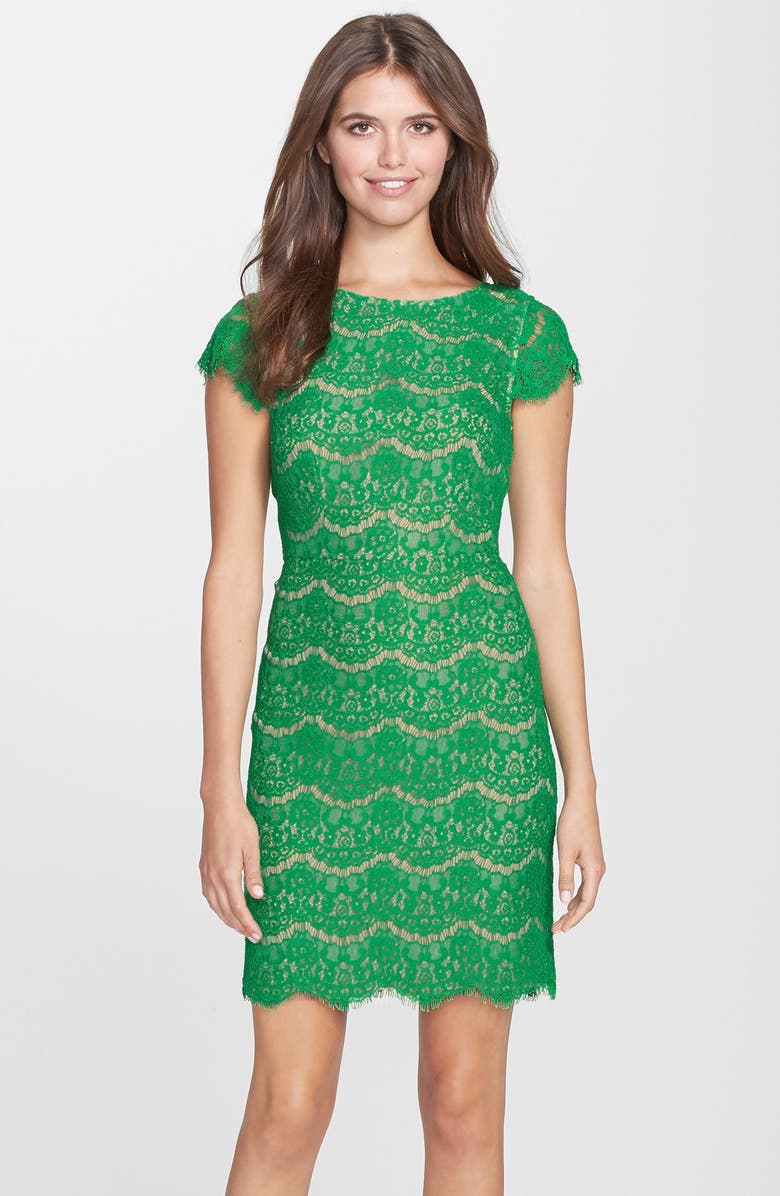 DARLING 'Candace' Scalloped Lace Sheath Dress, Main, color, EMERALD