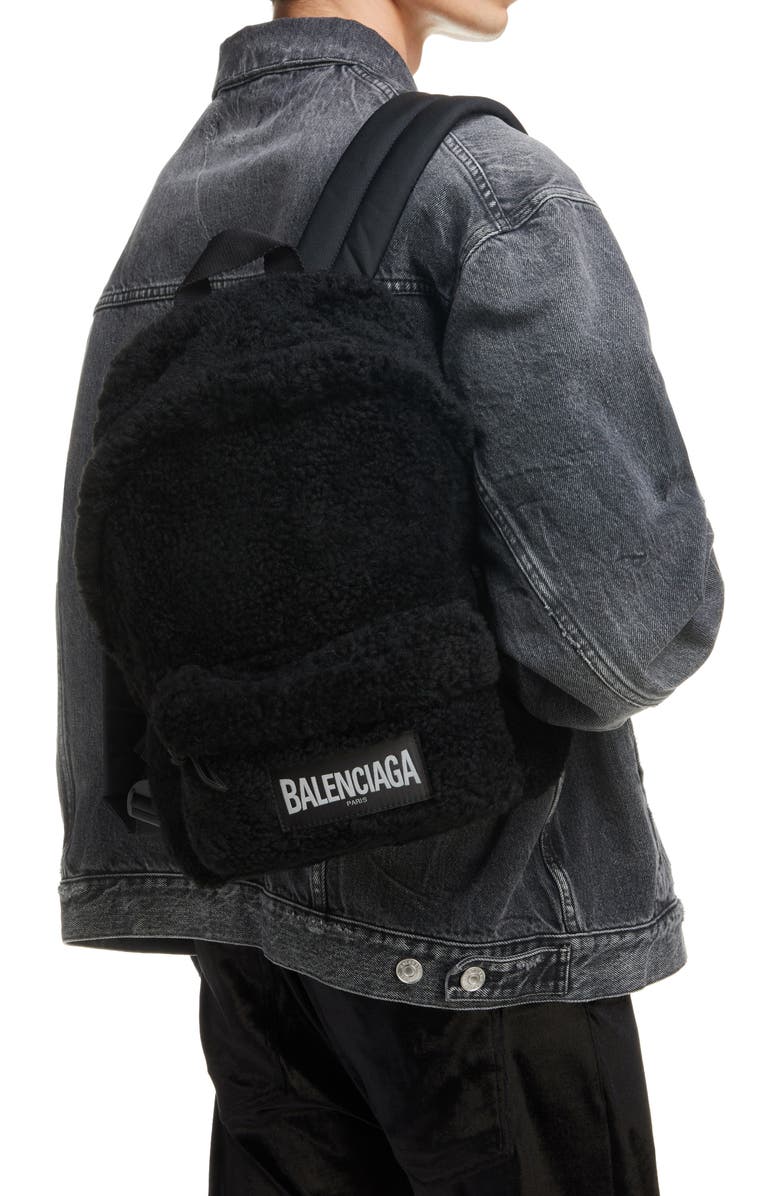 Balenciaga Logo Faux Shearling Backpack, Alternate, color, 