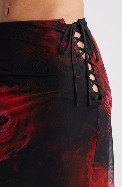 Mistress Rocks Rose Lace-up Mesh Midi Skirt In Black Rose Print