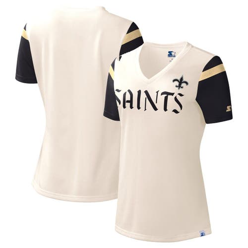 Women's Starter White New Orleans Saints Kick Start V-Neck T-Shirt in Cream