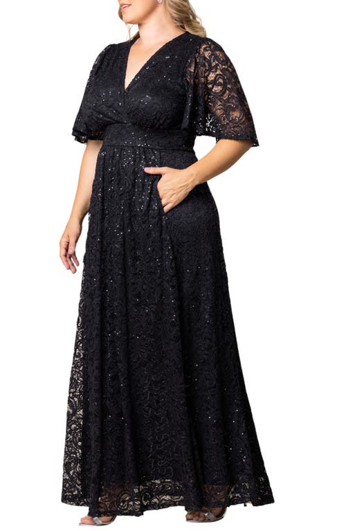 Kiyonna Luminous Sequin Lace A-line Gown In Onyx