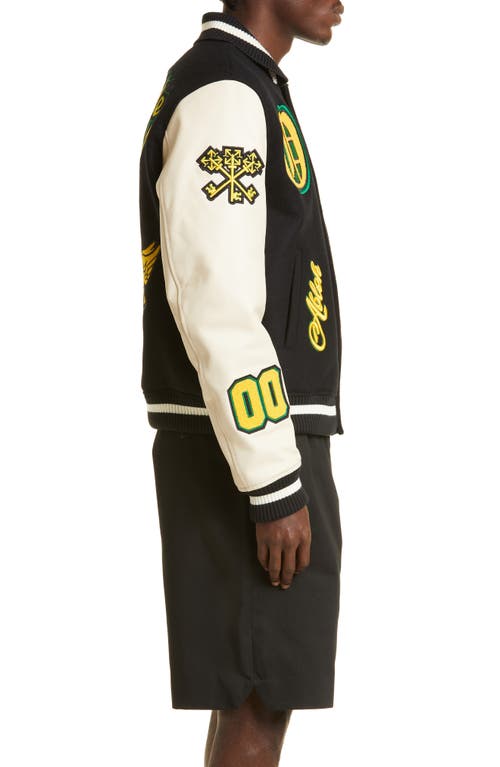 Shop Off-white Stretch Wool Blend & Leather Varsity Jacket In Black/yellow