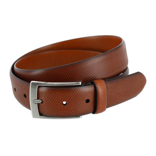 Trafalgar Gregorio 35mm Herringbone Embossed Feather Edged Leather Belt In Cognac