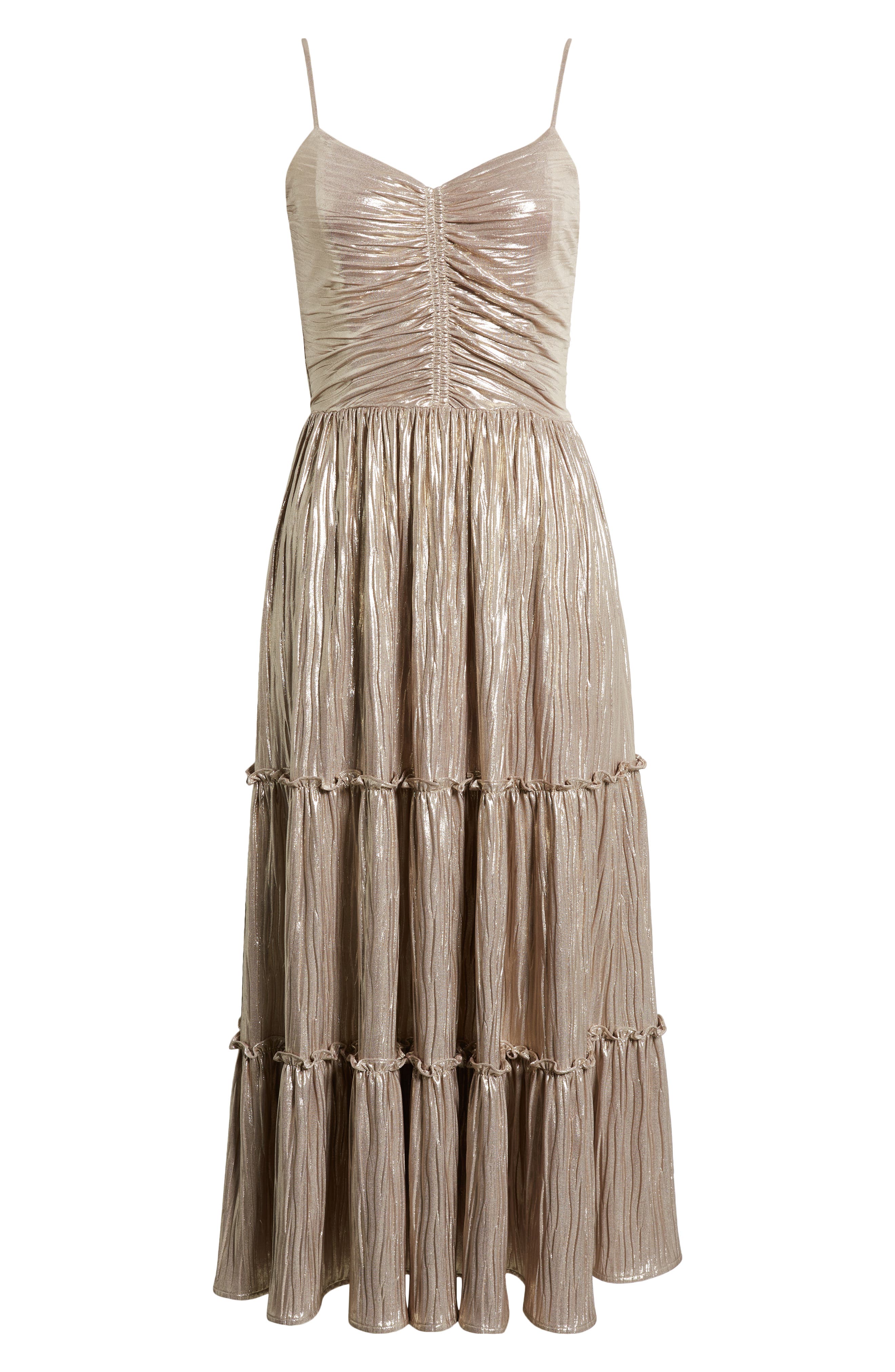 Socialite Metallic Pliss Tiered Midi Dress in Gold Metallic | Smart Closet Socialite Metallic Pliss Tiered Midi Dress in Gold Metallic | Smart Closet