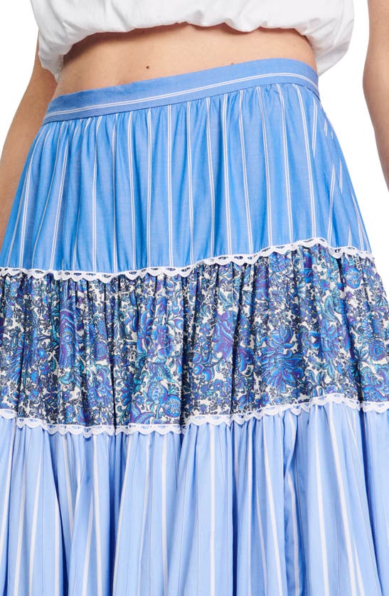 Shop Sandro Mixed Print Tiered Cotton Skirt In Blue White