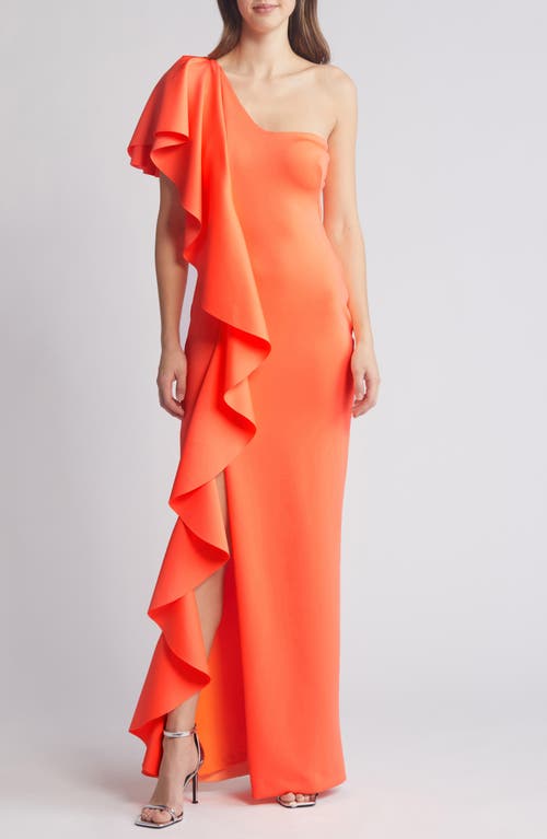 Percy Ruffle One-Shoulder Gown in Neon Apricot