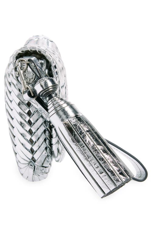 Anya Hindmarch The Neeson Herringbone Woven Metallic Leather Tassel Clutch In Silver