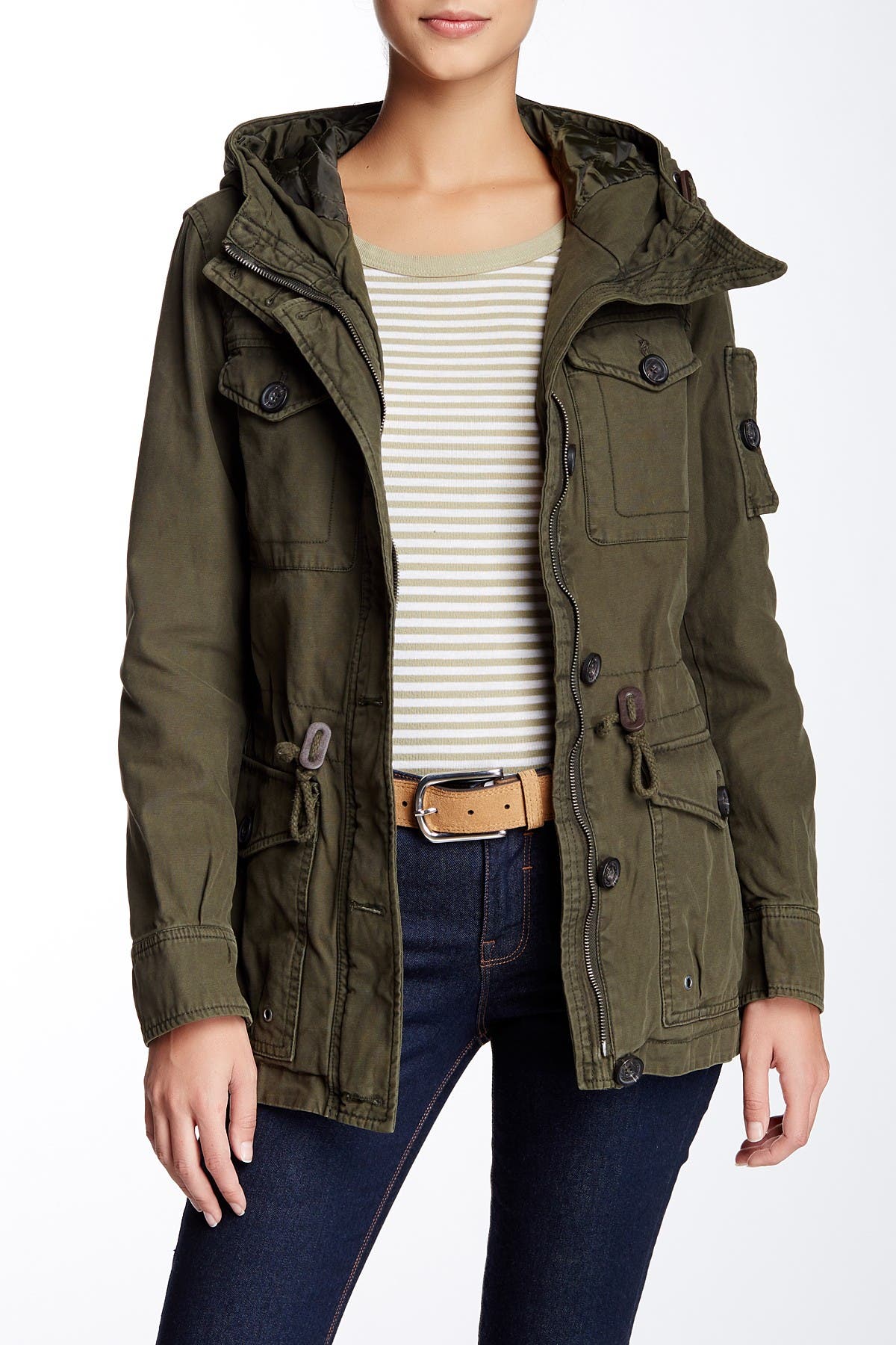 Hooded Military Jacket In Army Green 