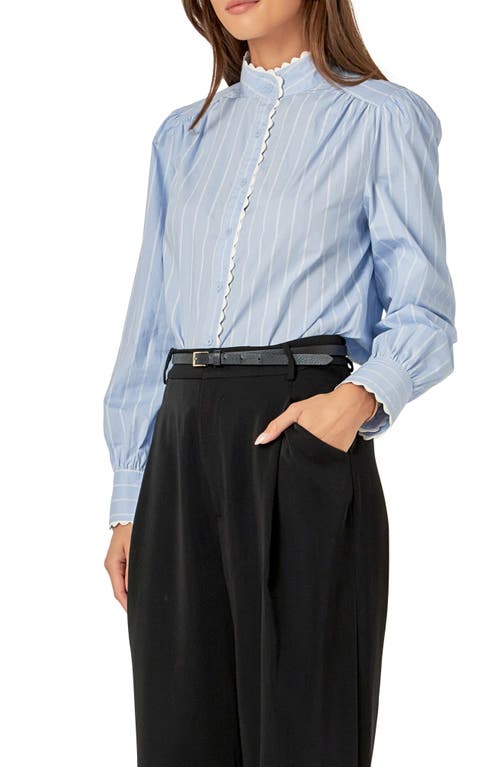 English Factory Stripe Scallop Trim Cotton Poplin Button-up Shirt In Powder Blue/offwhite