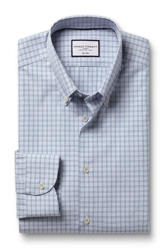 Shop Charles Tyrwhitt Check Non-iron Button-down Oxford Slim Fit Shirt Single Cuff In Mid Blue